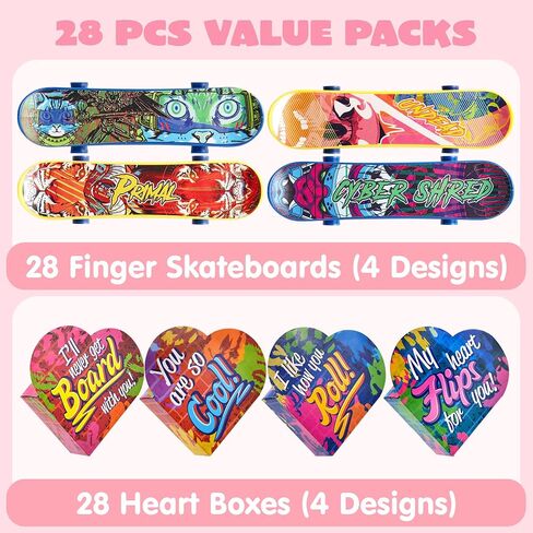 JOYIN 28 Packs Valentines Day Finger Skateboards with Heart Boxes, Valentine Party Favor, Gift Stress Relief Toys, Valentine's Classroom Exchange Gifts, Holiday Reward Gifts, Finger Skateboard Toys in Saudi Arabia