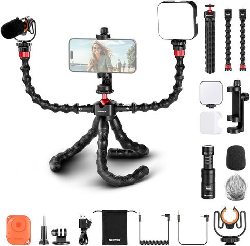 NEEWER Phone Vlog Kit، حامل ثلاثي مرن T91 مع ميكروفون CM14 PRO، ضوء PL81، أذرع تمديد، حامل هاتف، مصراع عن بعد، حامل كاميرا الحركة متوافق مع GoPro iPhone 15 14 13، الحد الأقصى للحمل: 4.4 رطل/2 كجم in Saudi Arabia