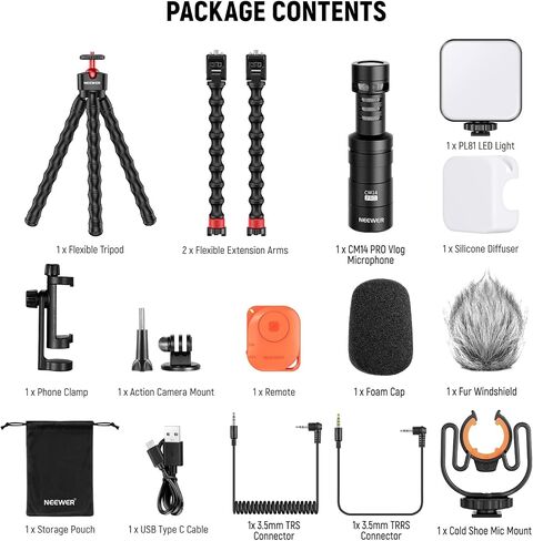 NEEWER Phone Vlog Kit، حامل ثلاثي مرن T91 مع ميكروفون CM14 PRO، ضوء PL81، أذرع تمديد، حامل هاتف، مصراع عن بعد، حامل كاميرا الحركة متوافق مع GoPro iPhone 15 14 13، الحد الأقصى للحمل: 4.4 رطل/2 كجم in Saudi Arabia