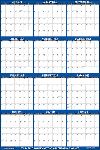 18x24 SwiftGlimpse 2024-2025 تقويم الحائط الأكاديمي قابل للمسح الجاف، كبير، مسح رطب وجاف، مصفح، قابل للعكس، مخطط سنوي من يوليو 2024 إلى يونيو 2025 فقط in Kuwait