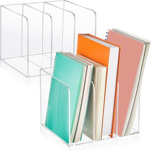 Suzile 2 Sets of Clear Acrylic Magazine Holder with 5 Vertical Compartments Magazine File Holder Acrylic Desk Organizer Book Rack for Desk Sorter Paper Folder Office Accessories Storage Organization in Kuwait