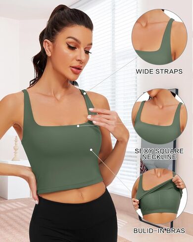 WOWENY Longline Sports Bras for Women Square Neck Workout Crop Tank Tops Padded with Built in Bras Fitness Yoga Gym Tops in Saudi Arabia