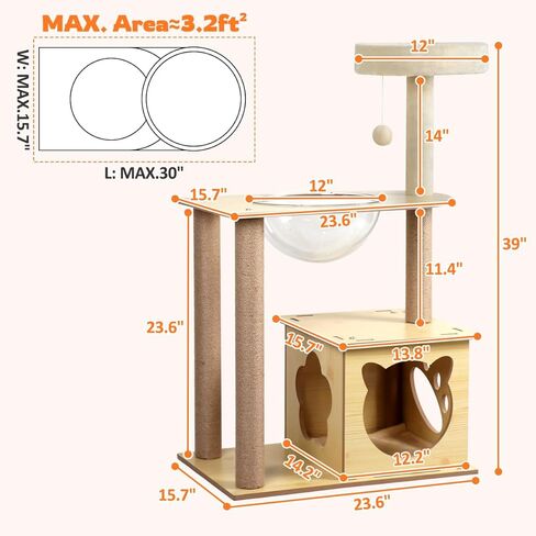 برج شجرة القطط مقاس 39 بوصة للقطط الداخلية، برج قطط مكون من 4 طبقات مع شقة للقطط وأرجوحة قطط شفافة، شجرة قطط حديثة مع أعمدة خدش وجثم علوي للقطط الصغيرة والكبيرة، بيج in Kuwait
