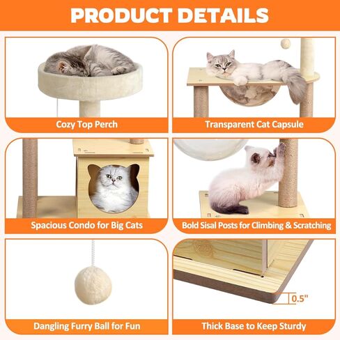 برج شجرة القطط مقاس 39 بوصة للقطط الداخلية، برج قطط مكون من 4 طبقات مع شقة للقطط وأرجوحة قطط شفافة، شجرة قطط حديثة مع أعمدة خدش وجثم علوي للقطط الصغيرة والكبيرة، بيج in Kuwait