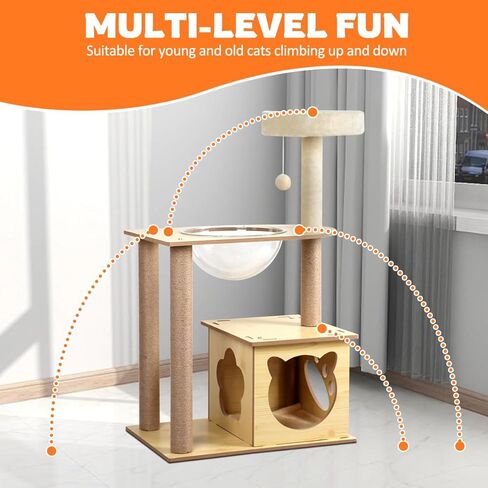 برج شجرة القطط مقاس 39 بوصة للقطط الداخلية، برج قطط مكون من 4 طبقات مع شقة للقطط وأرجوحة قطط شفافة، شجرة قطط حديثة مع أعمدة خدش وجثم علوي للقطط الصغيرة والكبيرة، بيج in Kuwait