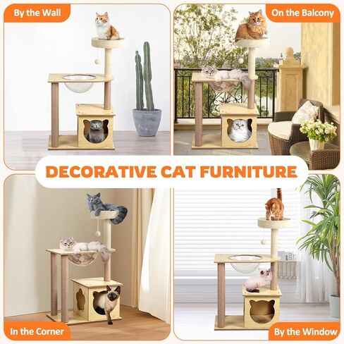 برج شجرة القطط مقاس 39 بوصة للقطط الداخلية، برج قطط مكون من 4 طبقات مع شقة للقطط وأرجوحة قطط شفافة، شجرة قطط حديثة مع أعمدة خدش وجثم علوي للقطط الصغيرة والكبيرة، بيج in Kuwait
