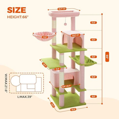 شجرة صبار للقطط مقاس 66 بوصة من بيكولتي للقطط الداخلية الكبيرة، برج القطط مع عمود خدش مغطى بالسيزال، أرجوحة معدنية كبيرة جدًا [20 بوصة × 12 بوصة] وشقتين كبيرتين، أخضر in Kuwait