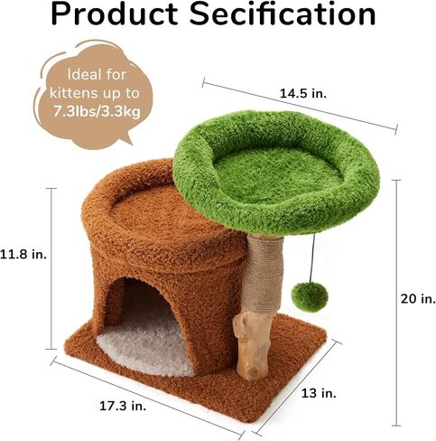 FUKUMARU Small Cat Tree, Plant Style Kitten Tower with Unique Solid Wood Cat Scratching Post, Cute Cat Condo Scratcher with Soft Bed for Indoor Kitten & Cats in Saudi Arabia