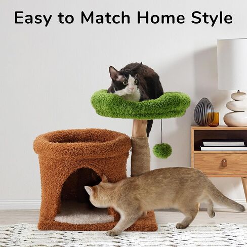 FUKUMARU Small Cat Tree, Plant Style Kitten Tower with Unique Solid Wood Cat Scratching Post, Cute Cat Condo Scratcher with Soft Bed for Indoor Kitten & Cats in Saudi Arabia