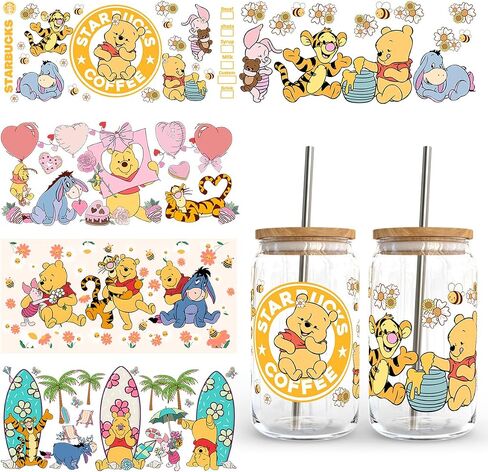 5 Sheets UV DTF Cup Wrap for 16 OZ Libbey Glass Cups, Cute Cartoon Wipe-Off Stickers Waterproof Crafting Cup Decal for DIY Your Holiday Gift (Style 11) in Saudi Arabia