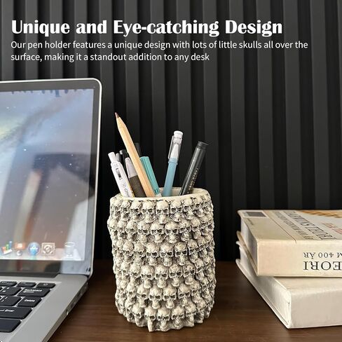 Skull Resin Pen Holder - Unique Round Design - Perfect Desk and Makeup Organizer for Pens, Pencils, and Bathroom Decor - 4.2" High in Saudi Arabia