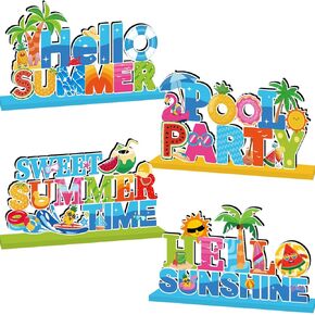 4pcs Summer Party Decorations Wooden Table Centerpiece Hello Summer Table Decorations Sweet Summer Time Tabletop Tiered Tray Decor for Holiday Tropical Hawaiian Themed Pool Party Supplies in Kuwait