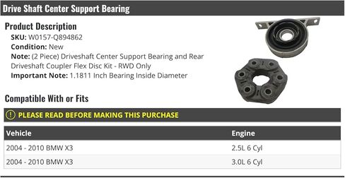Drive Shaft Center Support Bearing - Compatible with 2004-2010 BMW X3 RWD in Kuwait