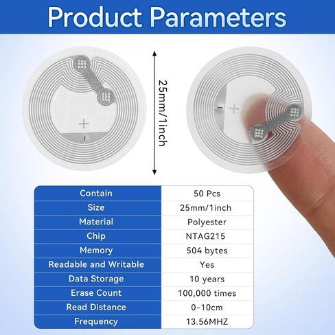 50 Pcs NFC Tags with NTAG215 Chip, 25mm NFC Adhesive Stickers, RFID Stickers with Rewritable 504 Bytes Memory, Compatible with All NFC-Enabled Devices in Kuwait