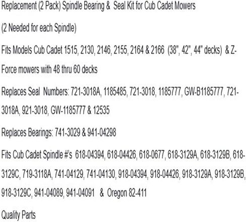 استبدال مجموعة محمل وختم المغزل Cub Cadet (2) حزمة 721-3018A و741-3029 OEM in Kuwait