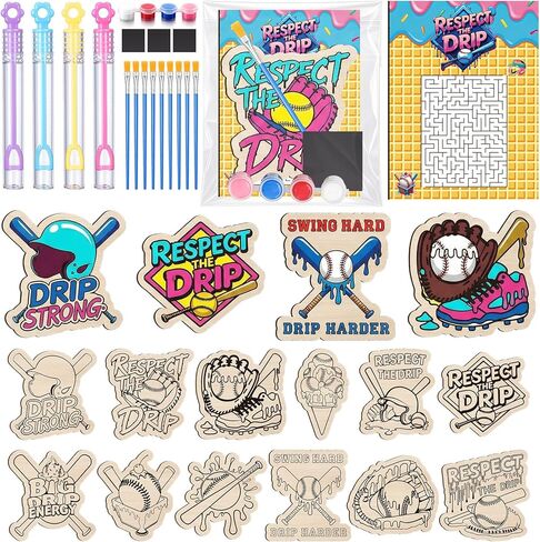 Simgoing 12 Sets Ice Cream Drip Baseball Party Favors Ice Cream Drip Wooden Painting Craft Kit with Bubble Wands Maze Cards Adhesive Magnetic Sheets Summer Sport Party Supplies in Kuwait