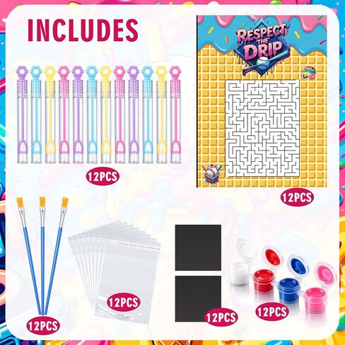 Simgoing 12 Sets Ice Cream Drip Baseball Party Favors Ice Cream Drip Wooden Painting Craft Kit with Bubble Wands Maze Cards Adhesive Magnetic Sheets Summer Sport Party Supplies in Kuwait