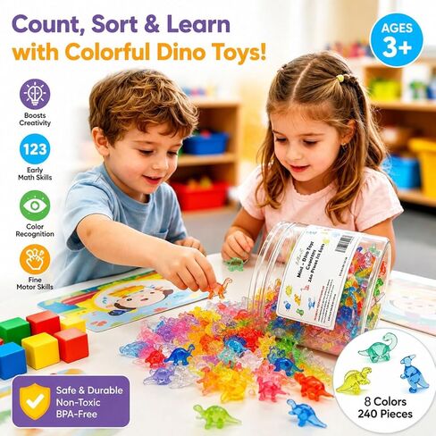 240 PCS Mini Dinosaur Toys for Kids, Counting and Sorting Dinosaur Counters, Preschool Math Manipulatives for STEM Activities, Educational Learning Toy Set, Easter Egg Fillers with Storage Box in Kuwait