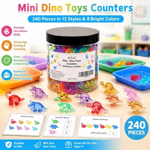 240 PCS Mini Dinosaur Toys for Kids, Counting and Sorting Dinosaur Counters, Preschool Math Manipulatives for STEM Activities, Educational Learning Toy Set, Easter Egg Fillers with Storage Box in Kuwait