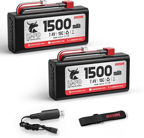 Hosim 2 حزمة 7.4 فولت 1500 مللي أمبير بطارية ليثيوم أيون قابلة للشحن 15C T Plug مناسبة لـ X16 X05 X06 M12 1/10 1/14 RC سيارة هواية الشاحنات RC مركبات تروجي أجزاء رقم X16-1500 in Kuwait