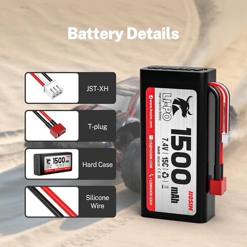 Hosim 2 حزمة 7.4 فولت 1500 مللي أمبير بطارية ليثيوم أيون قابلة للشحن 15C T Plug مناسبة لـ X16 X05 X06 M12 1/10 1/14 RC سيارة هواية الشاحنات RC مركبات تروجي أجزاء رقم X16-1500 in Kuwait