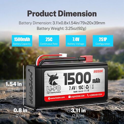Hosim 2 حزمة 7.4 فولت 1500 مللي أمبير بطارية ليثيوم أيون قابلة للشحن 15C T Plug مناسبة لـ X16 X05 X06 M12 1/10 1/14 RC سيارة هواية الشاحنات RC مركبات تروجي أجزاء رقم X16-1500 in Kuwait