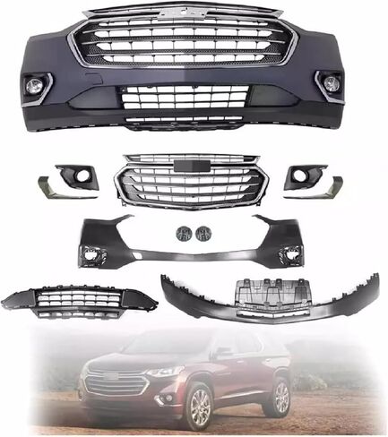 MGWILL Front Bumper Cover Kit Compatible with 2018 2019 2020 2021 Chevy Traverse L LS LT RS Premier 3.6L W/Upper Grille Lower Grill & Fog Lights - Full Body Set in Kuwait