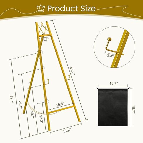 Snughome 45.7" Gold Easel Stand for Sign, Heavy Duty Metal Display Easel with Drawstring Bag, 4-Tier Adjustable Height Art Easel for Wedding Signs, Painting, Posters & Mirrors in Kuwait