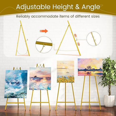 Snughome 45.7" Gold Easel Stand for Sign, Heavy Duty Metal Display Easel with Drawstring Bag, 4-Tier Adjustable Height Art Easel for Wedding Signs, Painting, Posters & Mirrors in Kuwait