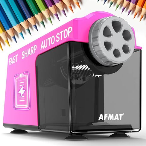 AFMAT Electric Pencil Sharpener for Classroom, 6 Holes, Cordless & Rechargeable, Super Fast, Auto Stop, 10K+ Uses, Heavy Duty Pencil Sharpener for 6-11mm No.2/Large/Colored Pencils PSD4(Pink) in Kuwait