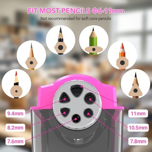 AFMAT Electric Pencil Sharpener for Classroom, 6 Holes, Cordless & Rechargeable, Super Fast, Auto Stop, 10K+ Uses, Heavy Duty Pencil Sharpener for 6-11mm No.2/Large/Colored Pencils PSD4(Pink) in Kuwait