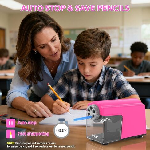 AFMAT Electric Pencil Sharpener for Classroom, 6 Holes, Cordless & Rechargeable, Super Fast, Auto Stop, 10K+ Uses, Heavy Duty Pencil Sharpener for 6-11mm No.2/Large/Colored Pencils PSD4(Pink) in Kuwait