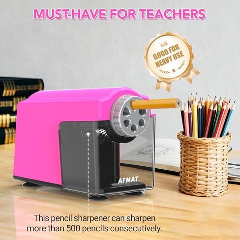 AFMAT Electric Pencil Sharpener for Classroom, 6 Holes, Cordless & Rechargeable, Super Fast, Auto Stop, 10K+ Uses, Heavy Duty Pencil Sharpener for 6-11mm No.2/Large/Colored Pencils PSD4(Pink) in Kuwait
