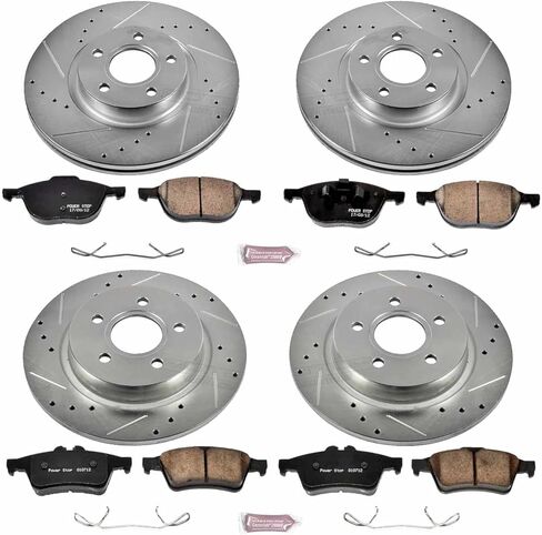 طقم فرامل أمامية وخلفية PowerStop لسيارة فولفو C30 2008-13 |C70 2006-13 |S40 2006-11 |V50 2006-11 - دوارات قرصية محفورة ومشقوقة مع استبدال وسادات فرامل سيراميك من ألياف الكربون، K4051 in Kuwait