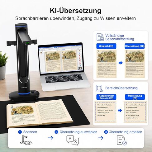 ماسح ضوئي للكتب العلوية VIISAN S48 Duo - تنسيق كبير A2/A3، مزدوج 48 ميجابكسل، 600 نقطة في البوصة مع التعرف الضوئي على الحروف وتحويل النص إلى كلام للأرشفة والتعليم عن بعد in Kuwait
