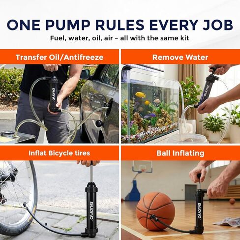 Siphon Pump for Gasoline - Manual Fluid Transfer Pump with Shark-Bite Lock-on Connector, High Flow 3 Gal/Min Hand Fuel Pump for Gas Diesel Oil, Transparent Body + Air Inflator for Balls Swim Rings in Kuwait