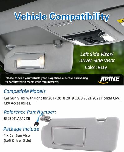 واقي الشمس من جانب السائق الأيسر متوافق مع الجيل الخامس من Honda CR-V 2017 2018 2019 2020 2021 2022، مع ضوء، حاجب الشمس مع مرآة، استبدال #83280TLAA12ZB (رمادي، جانب السائق) in Kuwait