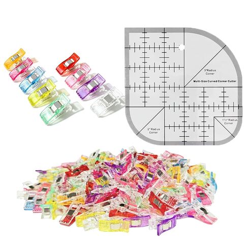 Sewing Clips and Curved Corner Cutter Set, 101 Pieces, 100 Fabric Quilting Clips and 1 Transparent Acrylic Rounded Corner Template Ruler (6"x6") for Sewing, Quilting, Crafts in Kuwait
