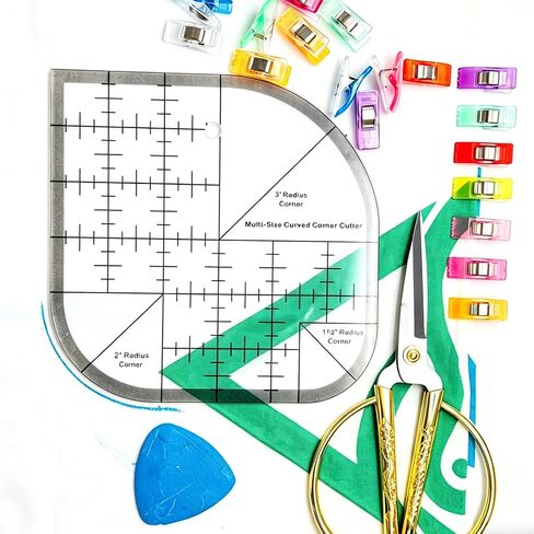 Sewing Clips and Curved Corner Cutter Set, 101 Pieces, 100 Fabric Quilting Clips and 1 Transparent Acrylic Rounded Corner Template Ruler (6"x6") for Sewing, Quilting, Crafts in Kuwait