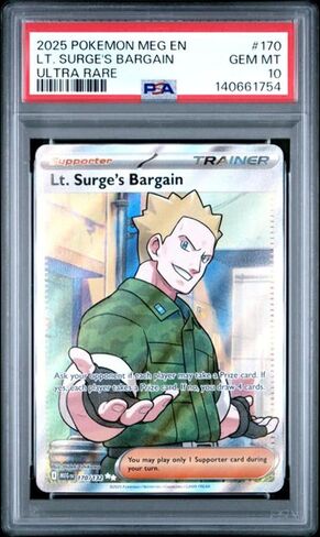 Graded 2025 PKM MEG EN Lt. Surge's Bargain #170 Ultra Rare Trading Card Game PSA 10 Gem Mint in Kuwait