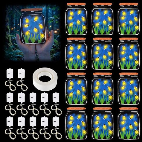 Motipuns 12 مجموعة للتخييم الصيفي DIY اليراع الحرف اليدوية مع أضواء LED 12 جرة ميسون من اليراعات ملصق 12 بطارية ضوء خرافية تعمل و1 لفة لاصقة لأنشطة تخييم مدرسة الأحد Vbs in Kuwait