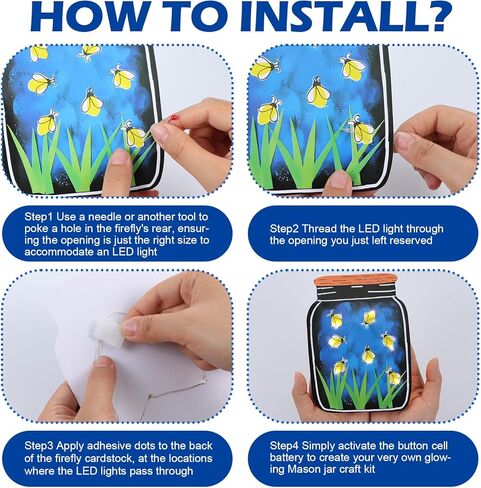 Motipuns 12 مجموعة للتخييم الصيفي DIY اليراع الحرف اليدوية مع أضواء LED 12 جرة ميسون من اليراعات ملصق 12 بطارية ضوء خرافية تعمل و1 لفة لاصقة لأنشطة تخييم مدرسة الأحد Vbs in Kuwait