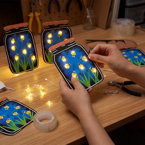 Motipuns 12 مجموعة للتخييم الصيفي DIY اليراع الحرف اليدوية مع أضواء LED 12 جرة ميسون من اليراعات ملصق 12 بطارية ضوء خرافية تعمل و1 لفة لاصقة لأنشطة تخييم مدرسة الأحد Vbs in Kuwait