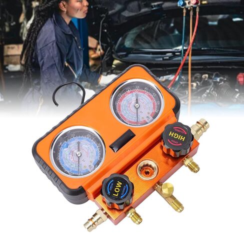 HVAC Manifold Gauge Set, Oil Filled AC Recharge Kit with 4 Layer Hoses for R134a R1234yf R12 R22 R502, for Home Fridge and Car AC by Mechanics and Homeowners in Kuwait