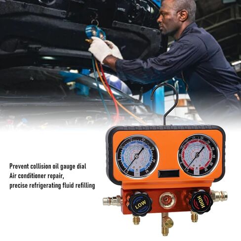 HVAC Manifold Gauge Set, Oil Filled AC Recharge Kit with 4 Layer Hoses for R134a R1234yf R12 R22 R502, for Home Fridge and Car AC by Mechanics and Homeowners in Kuwait