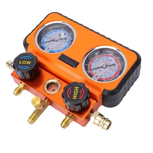 HVAC Manifold Gauge Set, Oil Filled AC Recharge Kit with 4 Layer Hoses for R134a R1234yf R12 R22 R502, for Home Fridge and Car AC by Mechanics and Homeowners in Kuwait