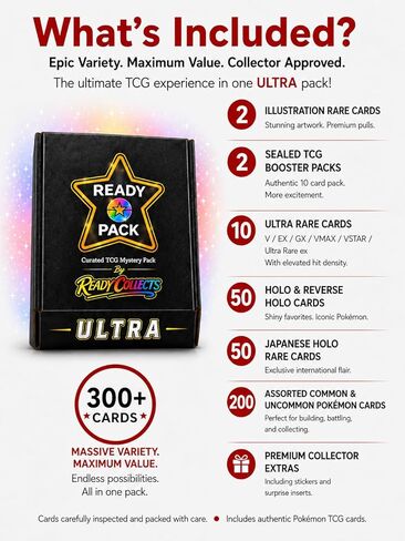 Ready Pack Ultra - حزمة بطاقات تداول متوافقة مع 300 بوكيمون - بطاقتان توضيحيتان نادرتان - 10 بطاقات نادرة للغاية - 100 بطاقة هولو نادرة وبطاقة هولو عكسية - تتضمن حزمتين معززتين من TCG in Kuwait