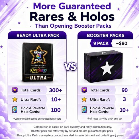 Ready Pack Ultra - حزمة بطاقات تداول متوافقة مع 300 بوكيمون - بطاقتان توضيحيتان نادرتان - 10 بطاقات نادرة للغاية - 100 بطاقة هولو نادرة وبطاقة هولو عكسية - تتضمن حزمتين معززتين من TCG in Kuwait