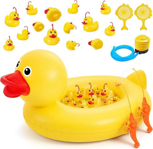 WinnerWhy Duck Pond Matching Game Set, 35.5" Inflatable Kiddie Pool with 14 Rubber Ducks, 1 Air Pump, 2 Fishing Nets & Rods, Duck Fishing/Carnival Water Game for Kids, Summer Outdoor Party in Kuwait