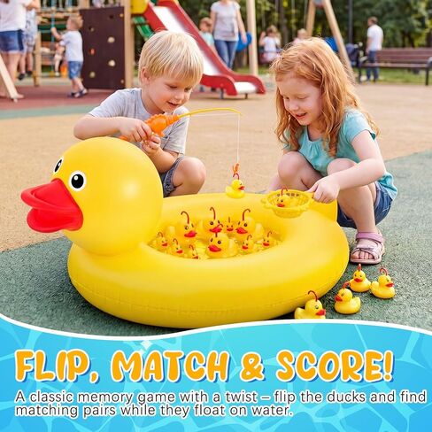 WinnerWhy Duck Pond Matching Game Set, 35.5" Inflatable Kiddie Pool with 14 Rubber Ducks, 1 Air Pump, 2 Fishing Nets & Rods, Duck Fishing/Carnival Water Game for Kids, Summer Outdoor Party in Kuwait